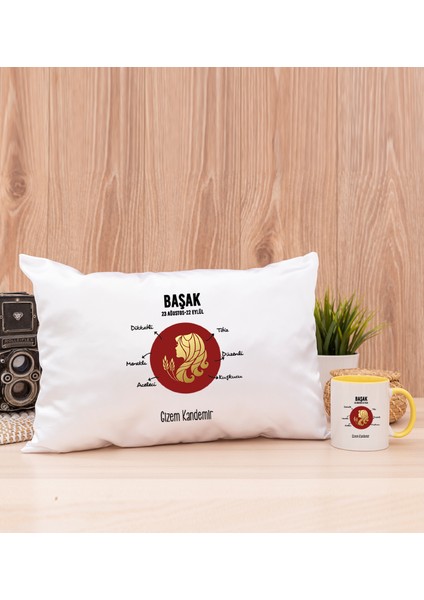 Kişiye Özel Başak Burcuna Hediye Sarı Kupa Bardak ve Dikdörtgen Yastık