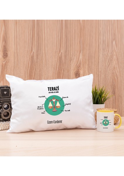 Kişiye Özel Terazi Burcuna Hediye Sarı Kupa Bardak ve Dikdörtgen Yastık