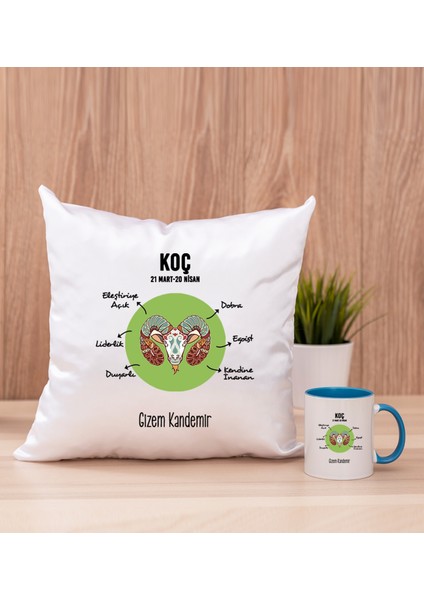 Kişiye Özel Koç Burcuna Hediye Mavi Kupa Bardak ve Kare Yastık