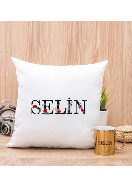 Kişiye Özel Çiçek Harf Tasarım Isim Yazılı Gold Kupa Bardak ve Kare Yastık