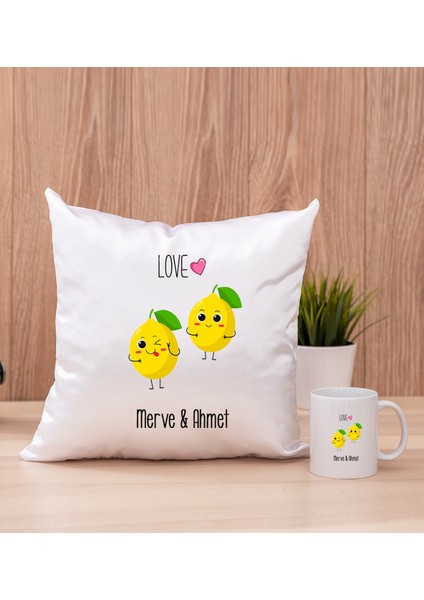 Kişiye Özel Sevimli Limonlar Beyaz Kupa Bardak ve Kare Yastık