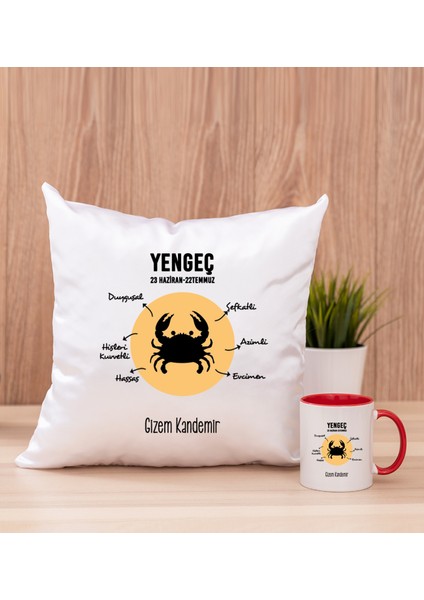Kişiye Özel Yengeç Burcuna Hediye Kırmızı Kupa Bardak ve Kare Yastık