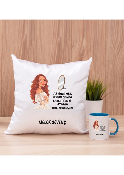 Kişiye Özel Az Önce Aşık Oldum Tasarım Esprili Mavi Kupa Bardak ve Kare Yastık