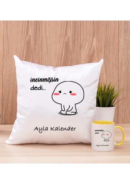 Kişiye Özel Incinmişsin Dedi Tasarım Esprili Sarı Kupa Bardak ve Kare Yastık