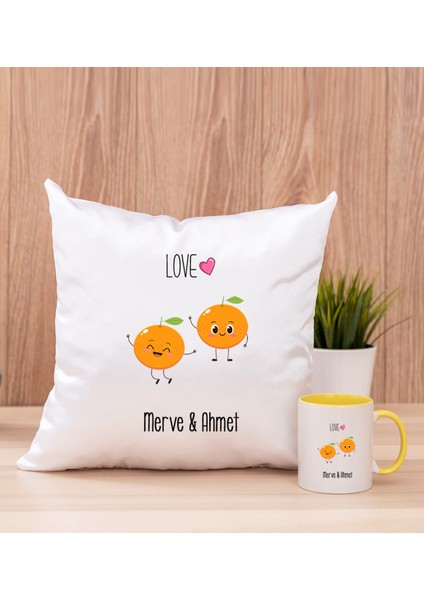 Kişiye Özel Sevimli Mandalinalar Sarı Kupa Bardak ve Kare Yastık