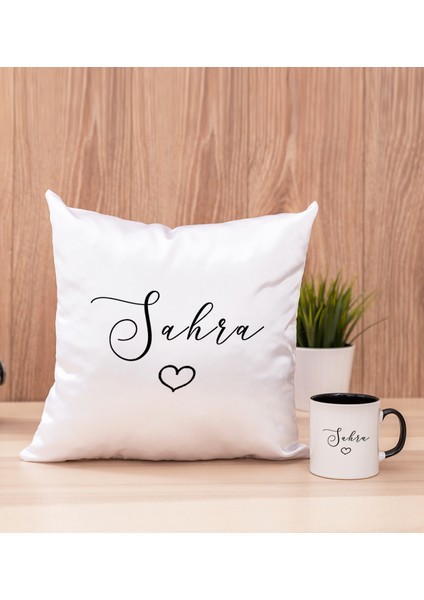 Kişiye Özel El Yazısı Tasarımlı Isimli Siyah Kupa Bardak ve Kare Yastık