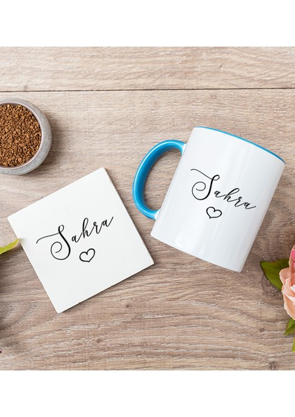 Kişiye Özel El Yazısı Tasarımlı Isimli Mavi Kupa Bardak ve Bardak Altlığı
