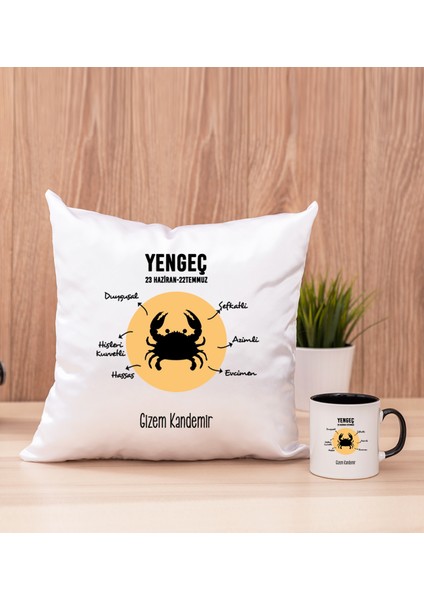 Kişiye Özel Yengeç Burcuna Hediye Siyah Kupa Bardak ve Kare Yastık