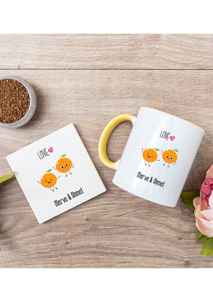 Kişiye Özel Sevimli Mandalinalar Sarı Kupa Bardak ve Bardak Altlığı