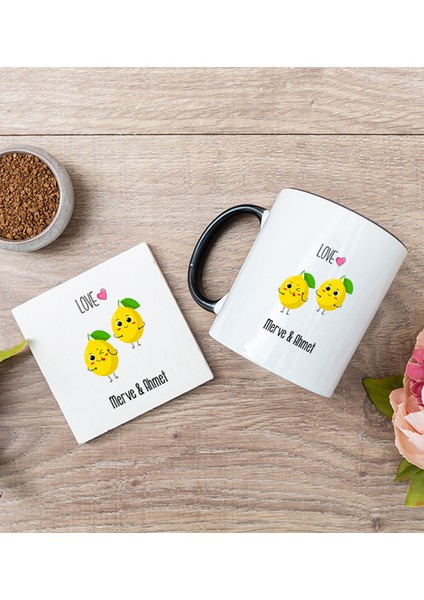 Kişiye Özel Sevimli Limonlar Siyah Kupa Bardak ve Bardak Altlığı