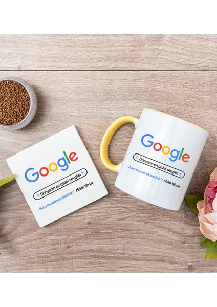 Kişiye Özel Google Tasarım Esprili Sarı Kupa Bardak ve Bardak Altlığı