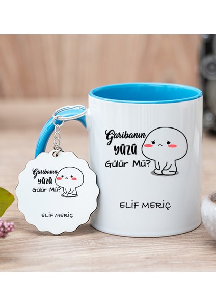 Kişiye Özel Garibanın Yüzü Gülür Mü Esprili Mavi Kupa Bardak ve Anahtarlık