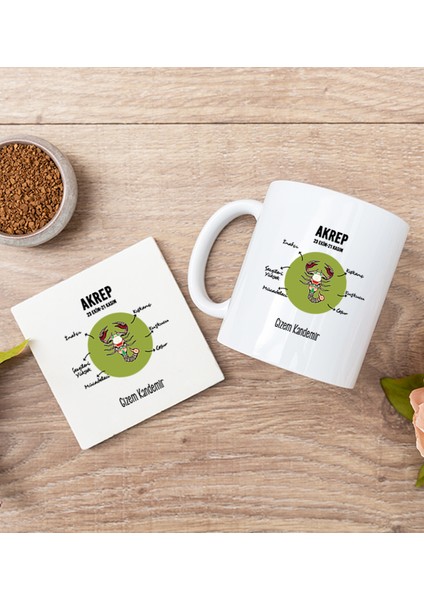 Kişiye Özel Akrep Burcuna Hediye Beyaz Kupa Bardak ve Bardak Altlığı