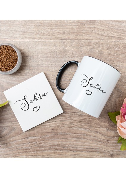 Kişiye Özel El Yazısı Tasarımlı Isimli Siyah Kupa Bardak ve Bardak Altlığı