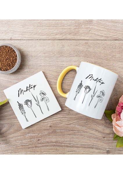 Kişiye Özel Karakalem Çizimli Çiçekler Sarı Kupa Bardak ve Bardak Altlığı