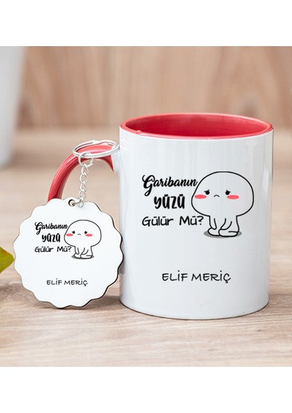 Kişiye Özel Garibanın Yüzü Gülür Mü Esprili Kırmızı Kupa Bardak ve Anahtarlık
