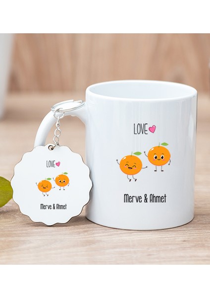 Kişiye Özel Sevimli Mandalinalar Beyaz Kupa Bardak ve Anahtarlık