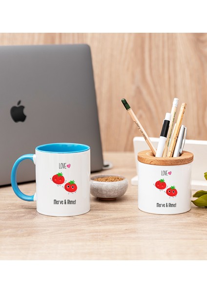 Kişiye Özel Sevimli Domatesler Mavi Kupa Bardak ve Kalemlik