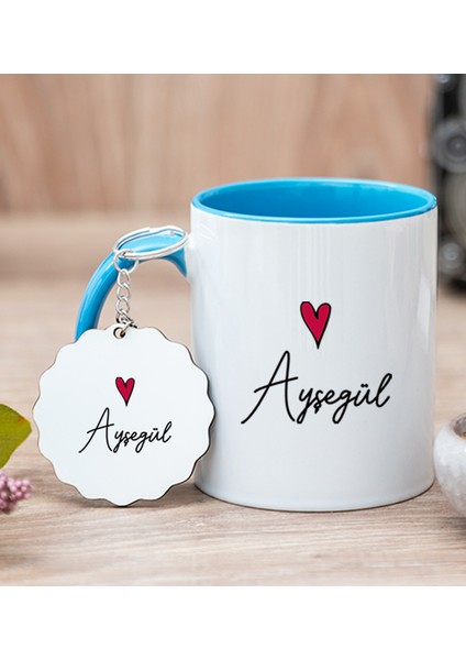 Kişiye Özel Isim Yazılı Minik Kalpli Mavi Kupa Bardak ve Anahtarlık