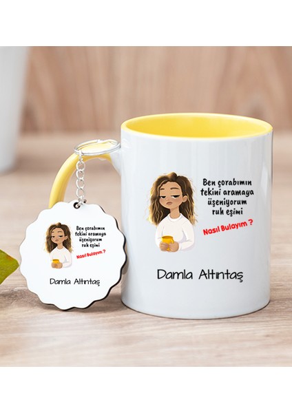 Kişiye Özel Ruh Eşimi Nasıl Bulayım Esprili Sarı Kupa Bardak ve Anahtarlık