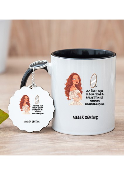 Kişiye Özel Az Önce Aşık Oldum Tasarım Esprili Siyah Kupa Bardak ve Anahtarlık