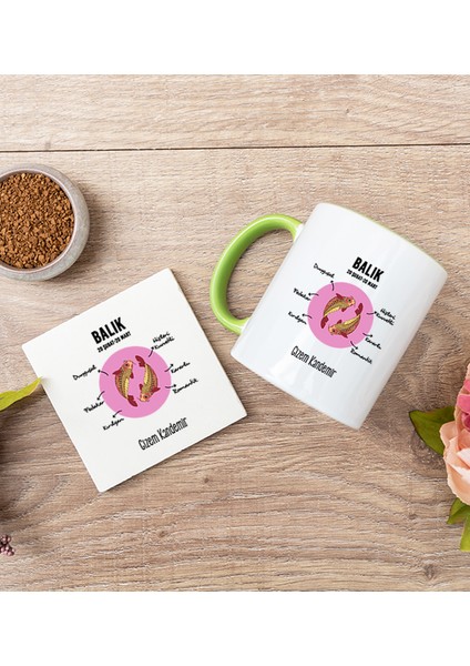 Kişiye Özel Balık Burcuna Hediye Sarı Kupa Bardak ve Bardak Altlığı