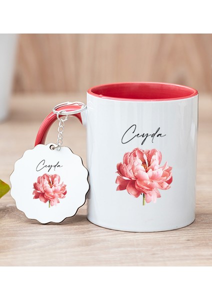 Kişiye Özel Pembe Çiçekli Isme Özel Kırmızı Kupa Bardak ve Anahtarlık