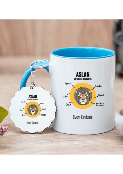 Kişiye Özel Aslan Burcuna Hediye Mavi Kupa Bardak ve Anahtarlık