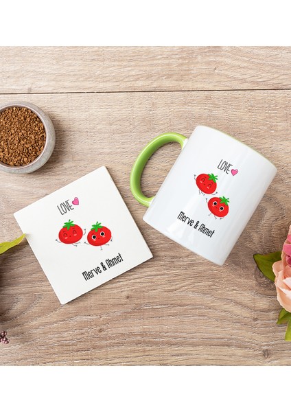 Kişiye Özel Sevimli Domatesler Sarı Kupa Bardak ve Bardak Altlığı