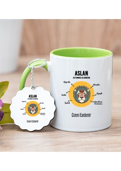 Kişiye Özel Aslan Burcuna Hediye Yeşil Kupa Bardak ve Anahtarlık