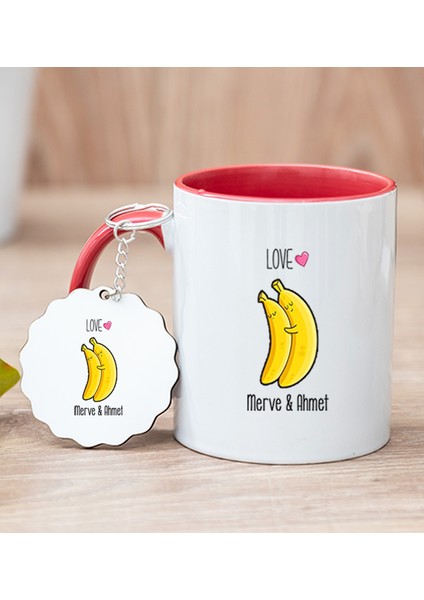 Kişiye Özel Sevimli Muzlar Kırmızı Kupa Bardak ve Anahtarlık