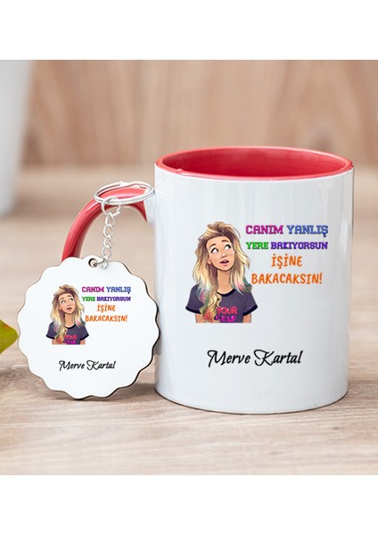 Kişiye Özel Işine Bakıcaksın Tasarım Esprili Kırmızı Kupa Bardak ve Anahtarlık