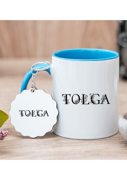 Kişiye Özel Çiçekli Harf Tasarım Isim Yazılı Mavi Kupa Bardak ve Anahtarlık