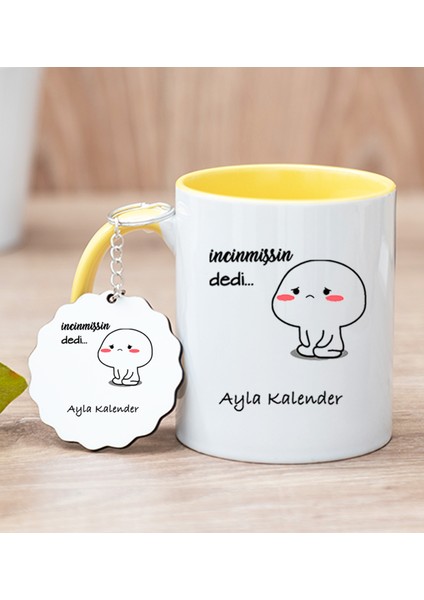 Kişiye Özel Incinmişsin Dedi Tasarım Esprili Sarı Kupa Bardak ve Anahtarlık