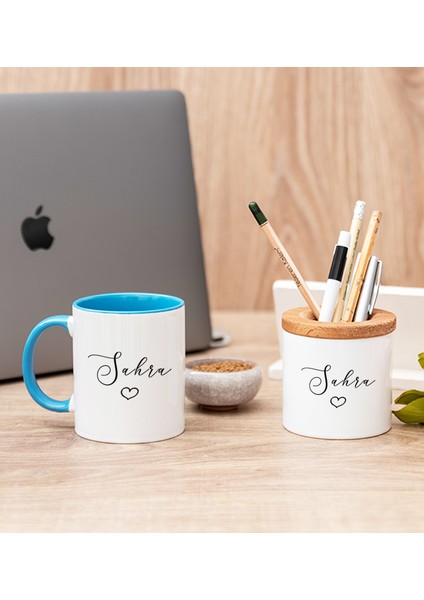 Kişiye Özel El Yazısı Tasarımlı Isimli Mavi Kupa Bardak ve Kalemlik