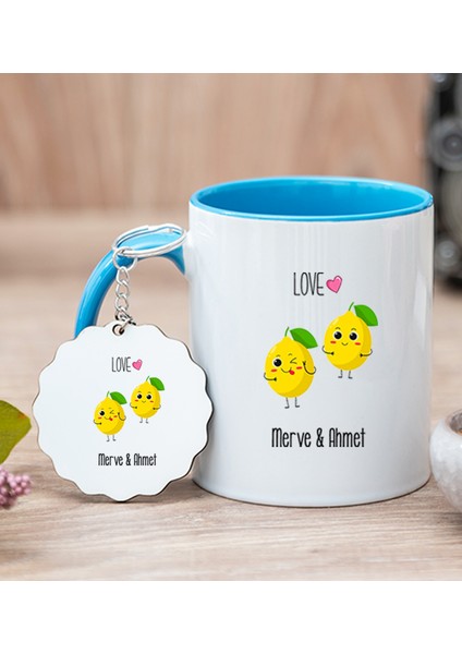 Kişiye Özel Sevimli Limonlar Mavi Kupa Bardak ve Anahtarlık