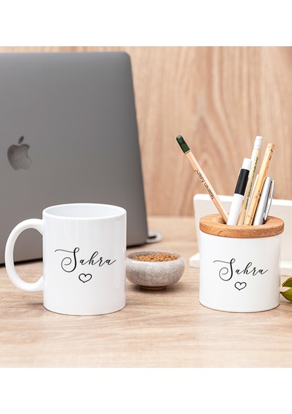 Kişiye Özel El Yazısı Tasarımlı Isimli Beyaz Kupa Bardak ve Kalemlik