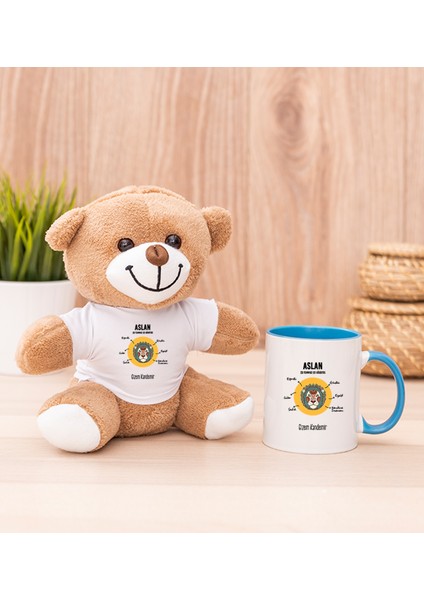Kişiye Özel Aslan Burcuna Hediye Mavi Kupa Bardak ve Peluş Ayıcık