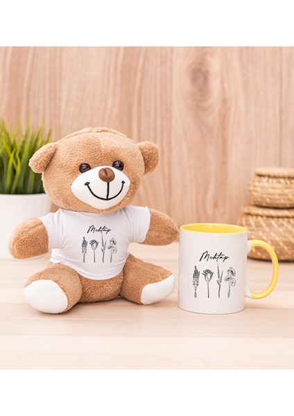 Kişiye Özel Karakalem Çizimli Çiçekler Sarı Kupa Bardak ve Peluş Ayıcık