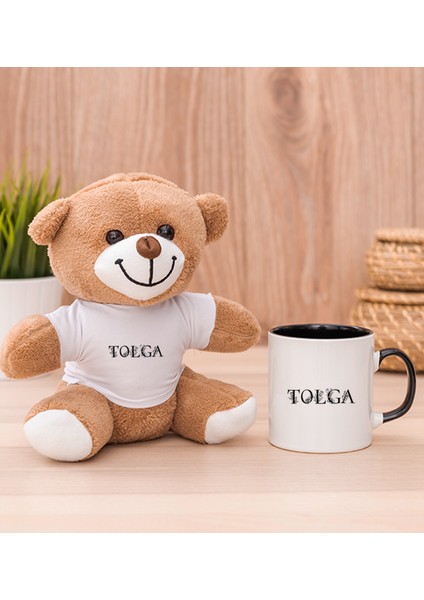 Kişiye Özel Çiçekli Harf Tasarım Isim Yazılı Siyah Kupa Bardak ve Peluş Ayıcık