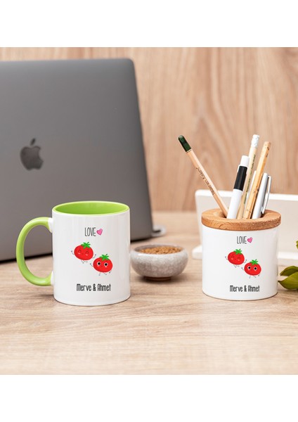 Kişiye Özel Sevimli Domatesler Yeşil Kupa Bardak ve Kalemlik