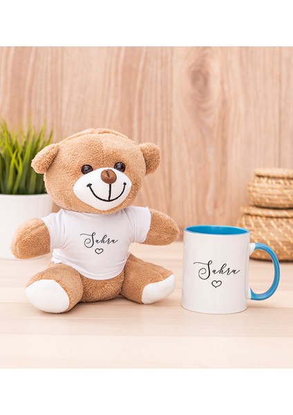 Kişiye Özel El Yazısı Tasarımlı Isimli Mavi Kupa Bardak ve Peluş Ayıcık