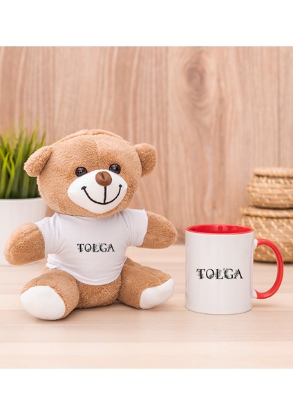 Kişiye Özel Çiçekli Harf Tasarım Isim Yazılı Kırmızı Kupa Bardak ve Peluş Ayıcık