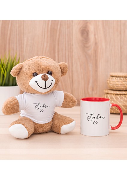 Kişiye Özel El Yazısı Tasarımlı Isimli Kırmızı Kupa Bardak ve Peluş Ayıcık
