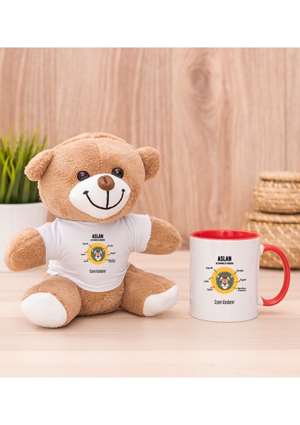 Kişiye Özel Aslan Burcuna Hediye Kırmızı Kupa Bardak ve Peluş Ayıcık