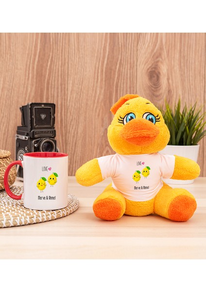 Kişiye Özel Sevimli Limonlar Kırmızı Kupa Bardak ve Peluş Civciv