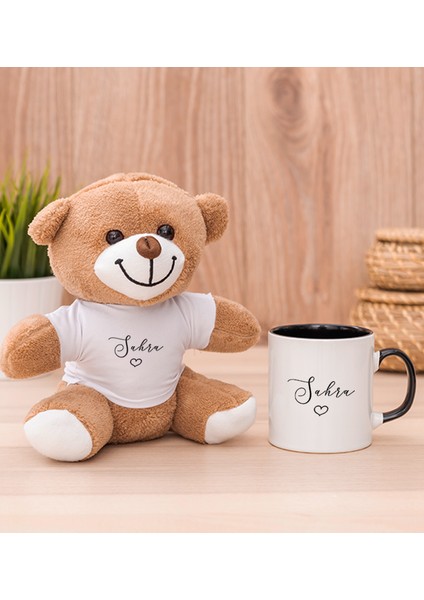 Kişiye Özel El Yazısı Tasarımlı Isimli Siyah Kupa Bardak ve Peluş Ayıcık