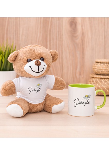 Kişiye Özel Papatya Tasarımlı Isimli Yeşil Kupa Bardak ve Peluş Ayıcık