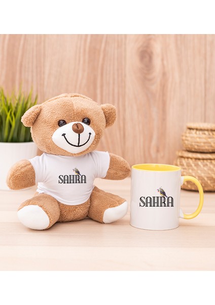 Kişiye Özel Minik Serçe Isim Yazılı Sarı Kupa Bardak ve Peluş Ayıcık
