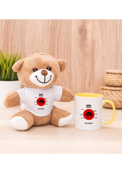Kişiye Özel Boğa Burcuna Hediye Sarı Kupa Bardak ve Peluş Ayıcık